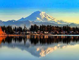 A picture of Mt. Rainier overlooking Lake Tapps.